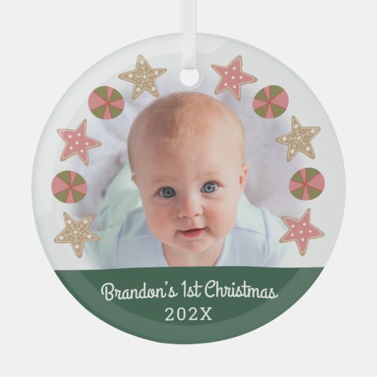 Groene Eerste Kerstfoto Boy Baby Cookie Krans Glas Ornament (Voorkant)