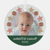 Groene Eerste Kerstfoto Boy Baby Cookie Krans Glas Ornament (Achterkant)