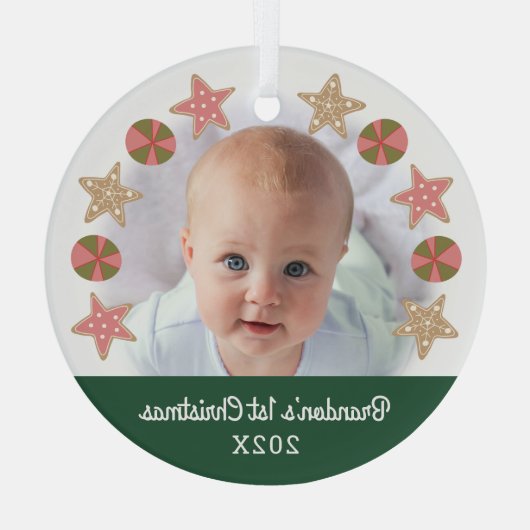 Groene Eerste Kerstfoto Boy Baby Cookie Krans Glas Ornament (Achterkant)