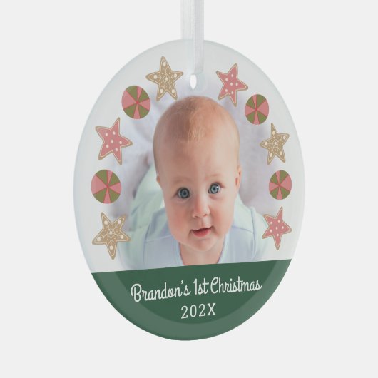 Groene Eerste Kerstfoto Boy Baby Cookie Krans Glas Ornament (Voorkant Rechts)