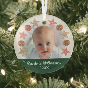 Groene Eerste Kerstfoto Boy Baby Cookie Krans Glas Ornament