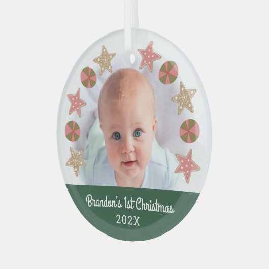 Groene Eerste Kerstfoto Boy Baby Cookie Krans Glas Ornament (Voorkant links)