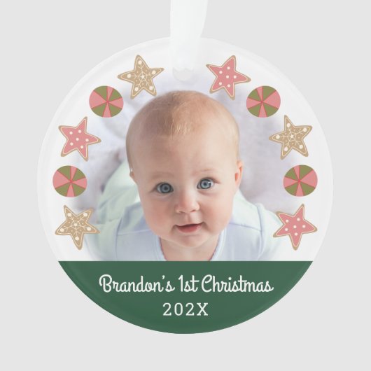 Groene Eerste Kerstmis Baby Foto Gingerbread Boy Ornament (voorkant)