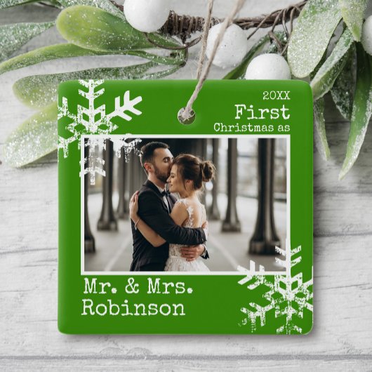 Groene Eerste Kerstmis Getrouwd Foto Keramisch Ornament