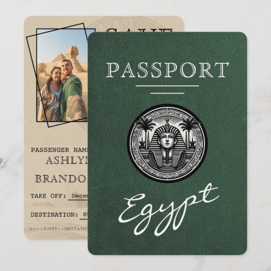 Groene Egyptische Paspoort Trouw Save the Date (Voorkant / Achterkant)