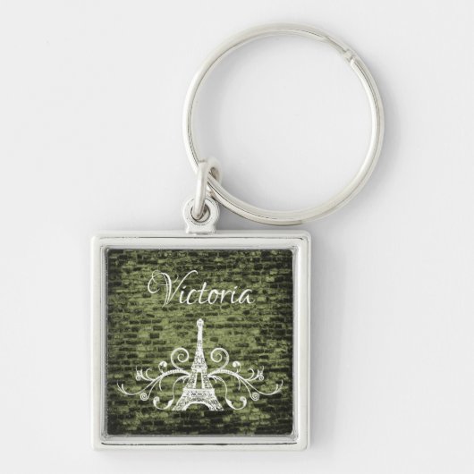 Groene Eiffel Tower Grunge Square Sleutelhanger (Voorkant)