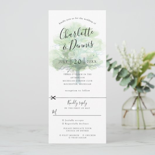 Groene eik trouwuitnodiging met rsvp bijgevoegd kaart (Staand voorkant)