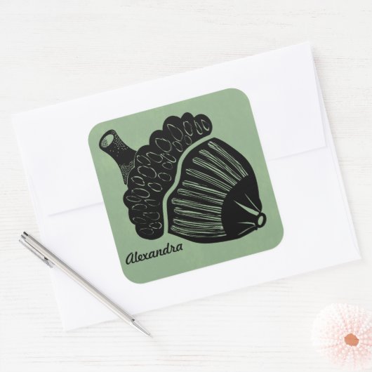 Groene eikel houtsnede vierkante sticker (Envelop)