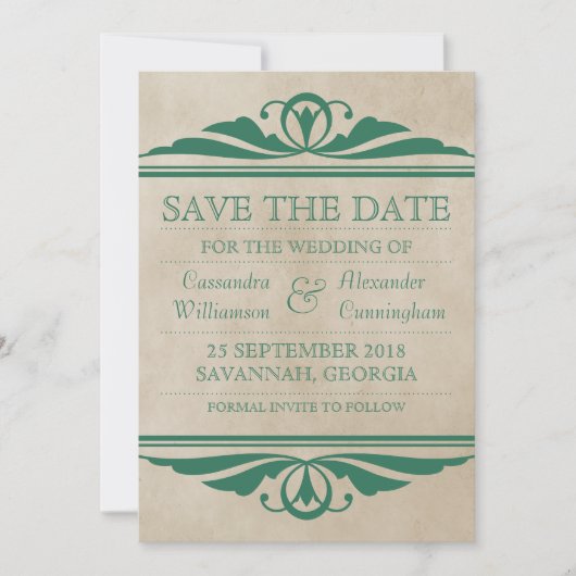 Groene Elegant Deco sparen de Datum uitnodigen Save The Date (Voorkant)