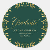 Groene Elegant Faux Gold Leaves Afstuderen Ronde Sticker (Voorkant)