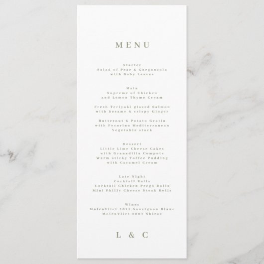 Groene Elegant Simple Sage White Monogram Menu (Voorkant)