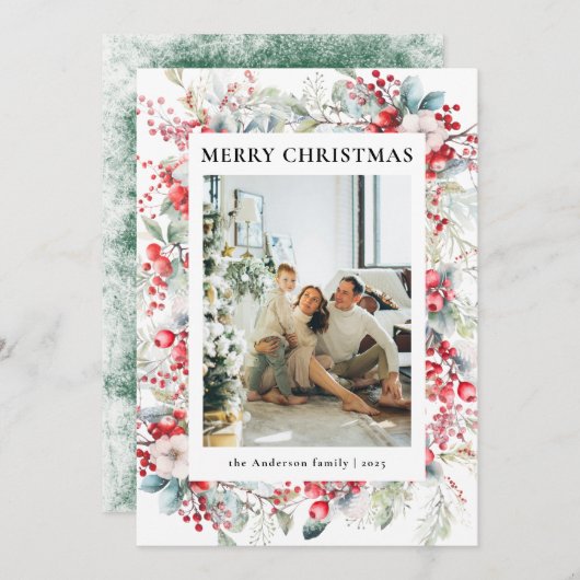 Groene Elegante  Bessen Kerstfoto Feestdagenkaart (Voorkant / Achterkant)
