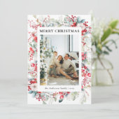 Groene Elegante  Bessen Kerstfoto Feestdagenkaart (Staand voorkant)
