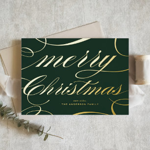 Groene Elegante Bloeiende Script Prettig Kerstfees Folie Feestdagenkaart
