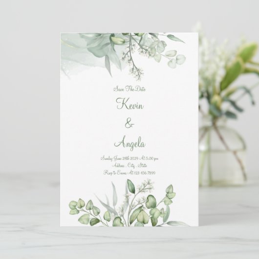 Groene Elegante Bloemen Opslaan Datum Wieden Uitno Kaart (Staand voorkant)