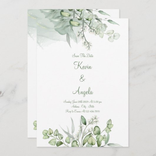 Groene Elegante Bloemen Opslaan Datum Wieden Uitno Kaart (Voorkant / Achterkant)