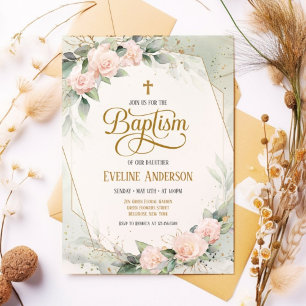 Groene Elegante Bloemen Waterverf Doop Kaart