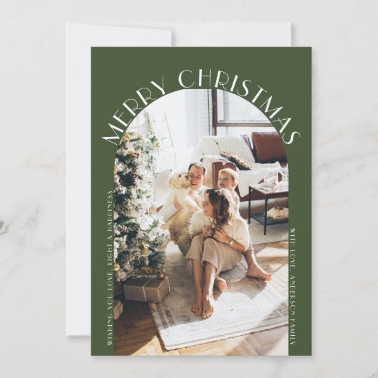 Groene Elegante Boog Kromme Prettig Kerstmis Foto Feestdagenkaart (Voorkant)