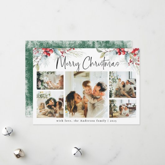 Groene Elegante Botanische Fotocollage Kerstmis Feestdagenkaart (Voorkant / Achterkant in situ)