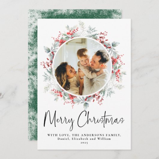 Groene Elegante Botanische Krans Kerstscript Feestdagenkaart (Voorkant / Achterkant)