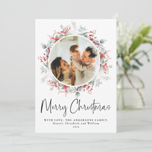 Groene Elegante Botanische Krans Kerstscript Feestdagenkaart (Staand voorkant)