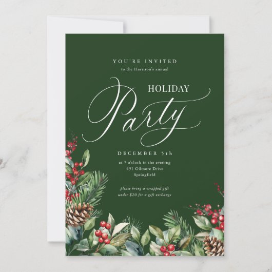 Groene Elegante Botanische Script Vakantie Partij Kaart (Voorkant)