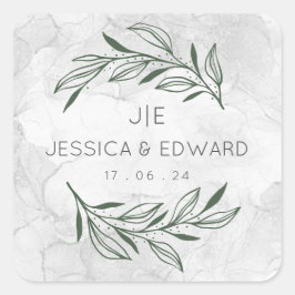 Groene Elegante Bruiloft Waterverf Bloemen Paar Vierkante Sticker