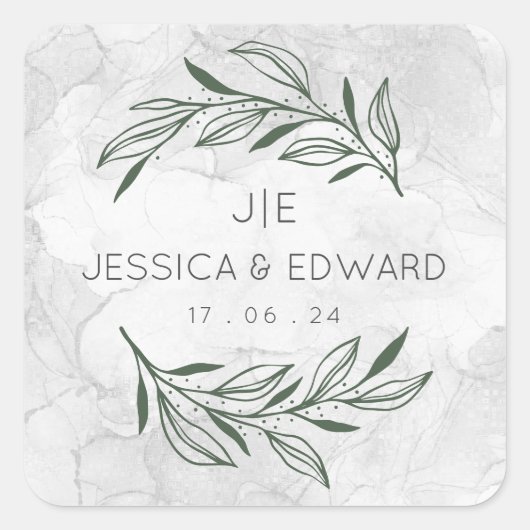 Groene Elegante Bruiloft Waterverf Bloemen Paar Vierkante Sticker (Voorkant)