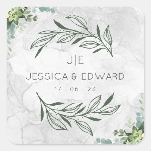 Groene Elegante Bruiloft Waterverf Bloemen Paar Vierkante Sticker