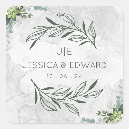 Groene Elegante Bruiloft Waterverf Bloemen Paar Vierkante Sticker (Voorkant)