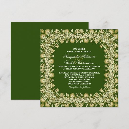 Groene elegante Damask bruiloft uitnodigingen (Voorkant / Achterkant)