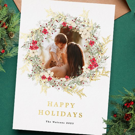 Groene Elegante Één Foto Vrolijk Kerstmisgoud Folie Feestdagenkaart