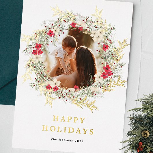 Groene Elegante Één Foto Vrolijk Kerstmisgoud Folie Feestdagenkaart