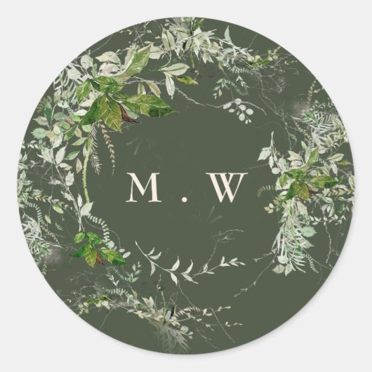 Groene Elegante Eucalyptus Krans Monogram Bruiloft Ronde Sticker (Voorkant)