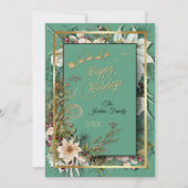 Groene Elegante Goud en Bloemen Kerst Kaart (Voorkant)