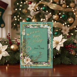 Groene Elegante Goud en Bloemen Kerst Kaart