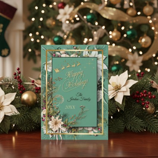 Groene Elegante Goud en Bloemen Kerst Kaart