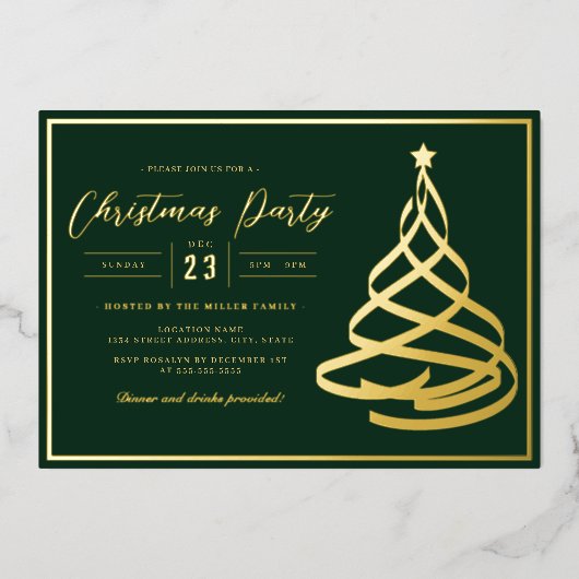 Groene Elegante Gouden Boom Kerstfeest Folie Uitnodiging (Voorkant)