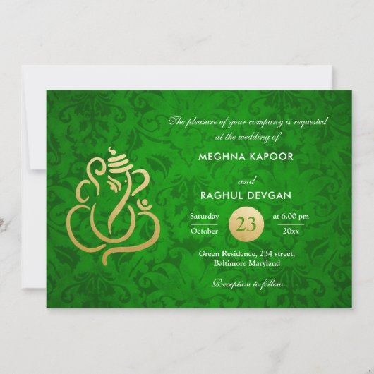 Groene Elegante Gouden Folie Ganesha Indian Damask Kaart (Voorkant)