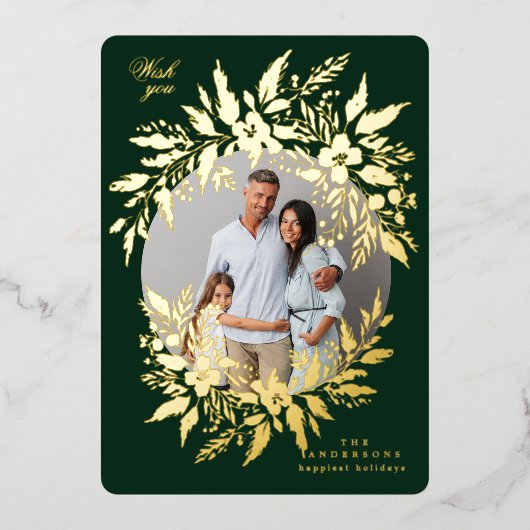 Groene elegante gouden krans foto vrolijk kerstfee folie feestdagenkaart (Voorkant)