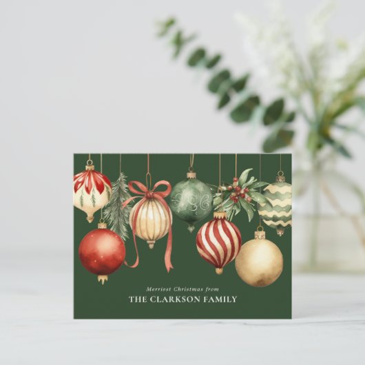 Groene Elegante Kerst Waterverf Ornamenten Feestdagenkaart (Staand voorkant)