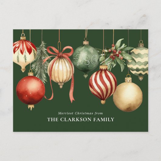 Groene Elegante Kerst Waterverf Ornamenten Feestdagenkaart (Voorkant)