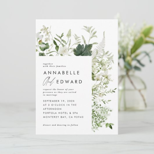 Groene elegante moderne botanische script bruiloft kaart (Staand voorkant)