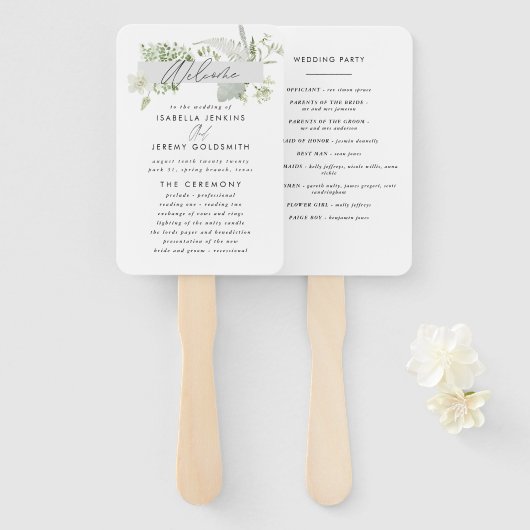 Groene elegante moderne botanische scriptbruiloft handwaaier (Voorkant en achterkant)