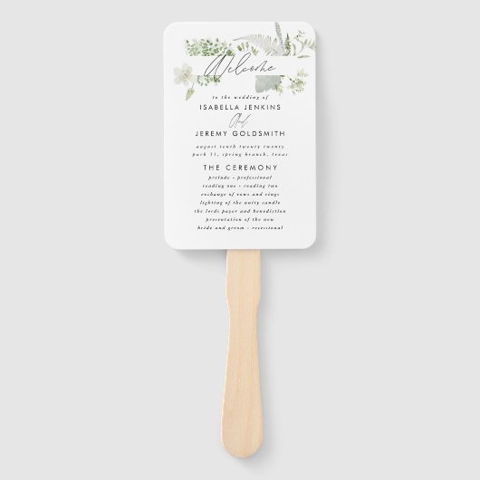 Groene elegante moderne botanische scriptbruiloft handwaaier (Voorkant)