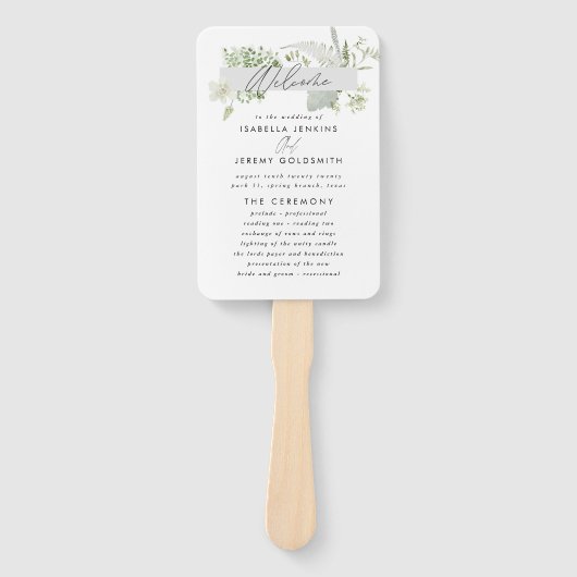Groene elegante moderne botanische scriptbruiloft handwaaier (Voorkant)