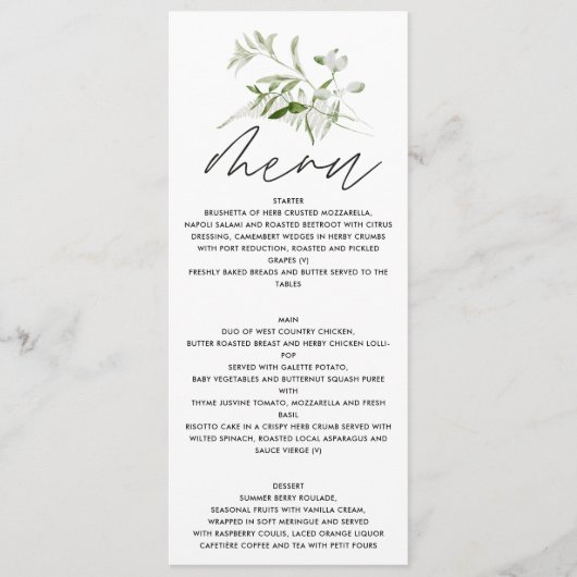 Groene elegante moderne botanische scriptbruiloft menu (Voorkant)