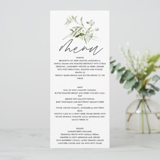 Groene elegante moderne botanische scriptbruiloft menu (Staand voorkant)