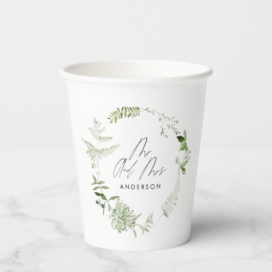Groene elegante moderne botanische scriptbruiloft papieren bekers (Achterkant)