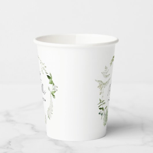 Groene elegante moderne botanische scriptbruiloft papieren bekers (Links)
